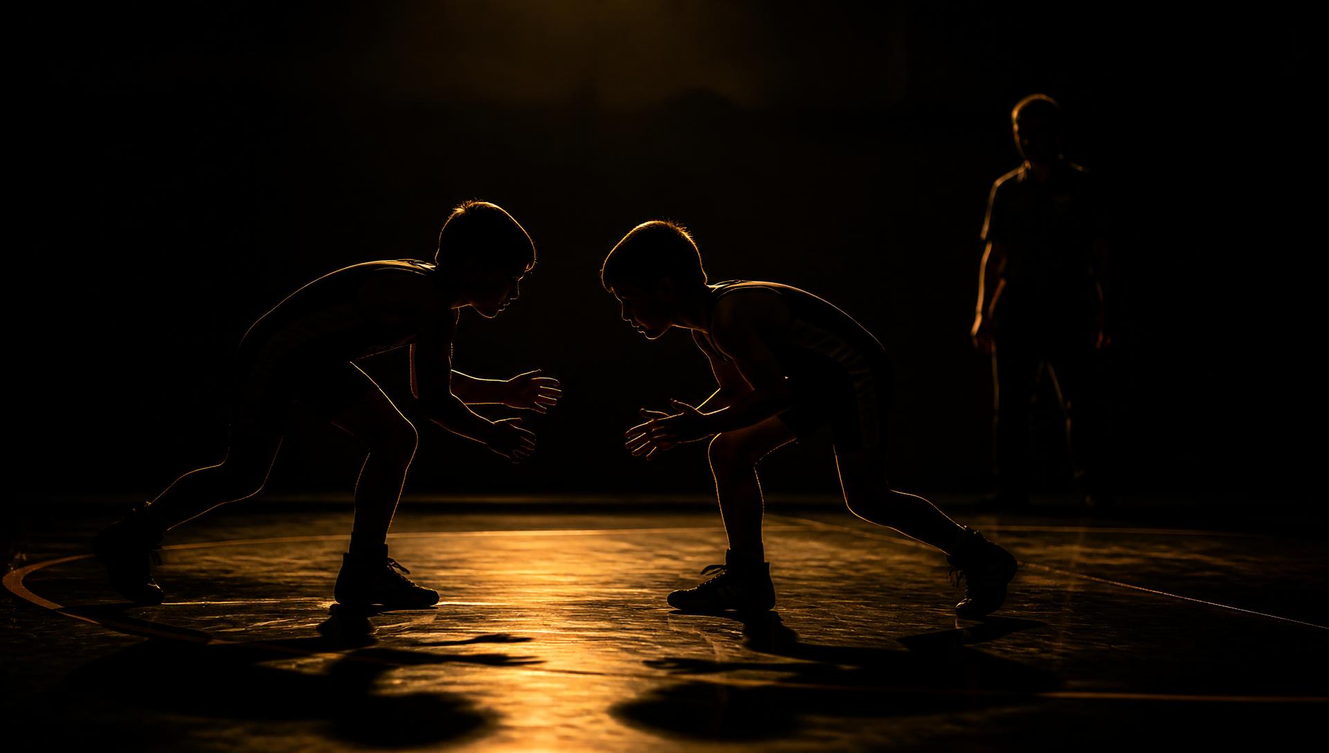 Young wrestlers facing off in a spotlight on the mat